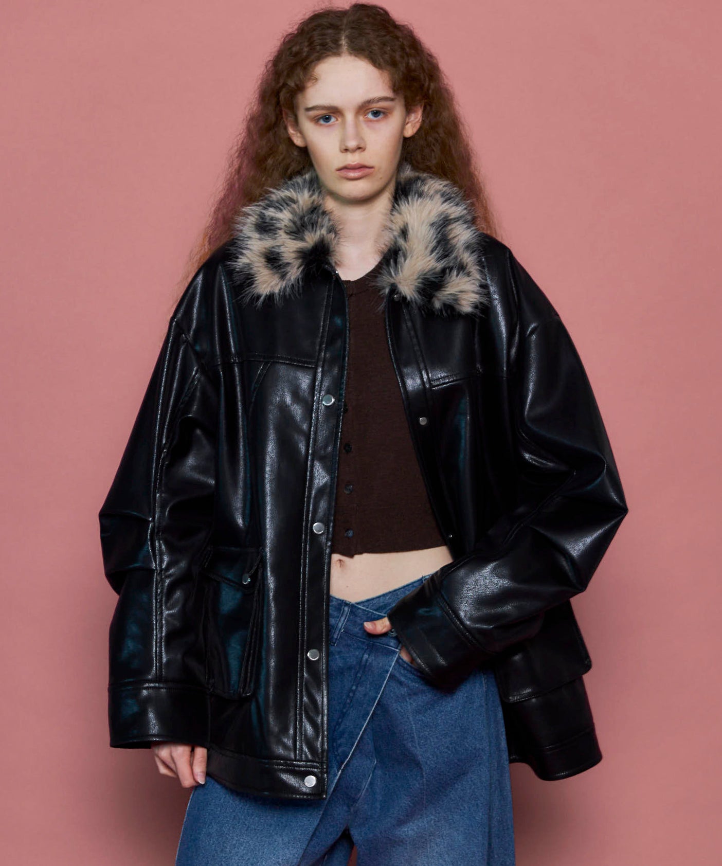 SALE】Fur Collar Vegan Leather Middle Blouson