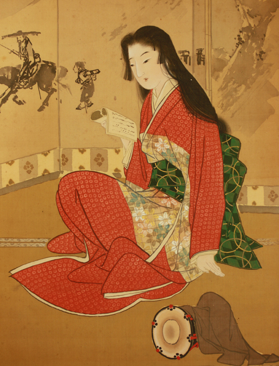 真野暁亭 『本を読む美人』(額装)【掛軸 Hanging scroll】浮世絵・掛軸