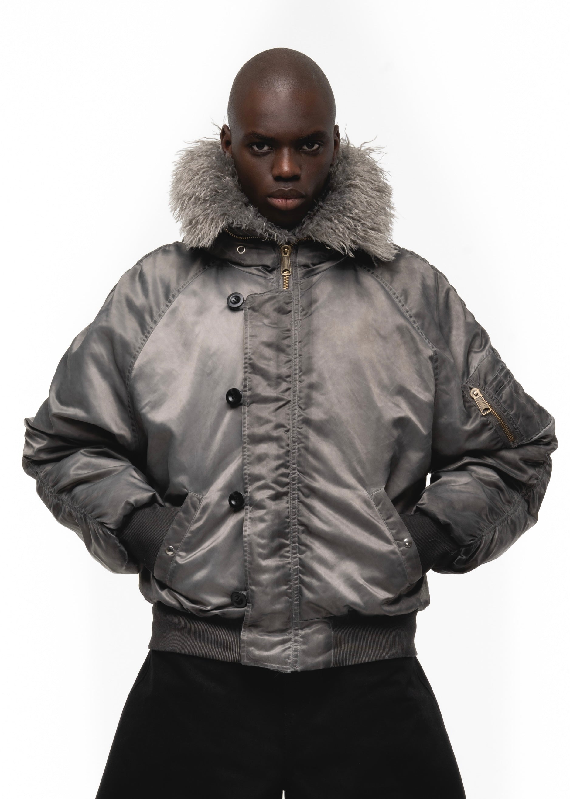 ASTRO FUR BOMBER JACKET GREY – NO/FAITH STUDIOS