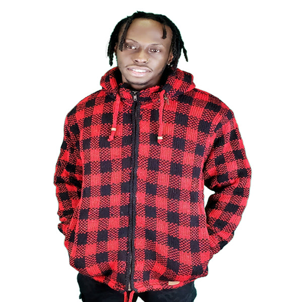 100% Wool Jacket with Zip Off Hood/ Buffalo Check Pattern for men