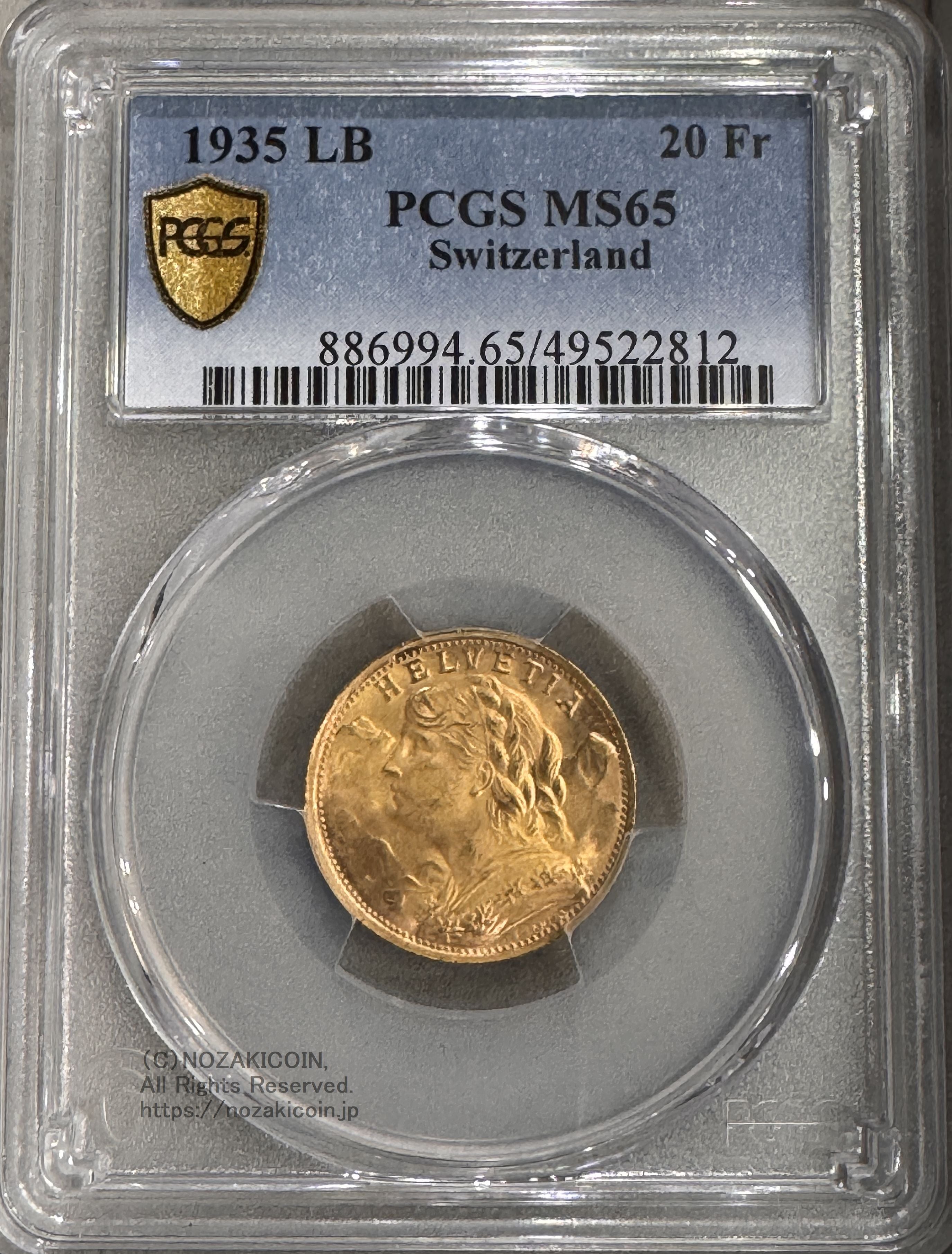 スイス ヘルヴェティア アルプスと少女 20フラン金貨 1935年LB PCGS