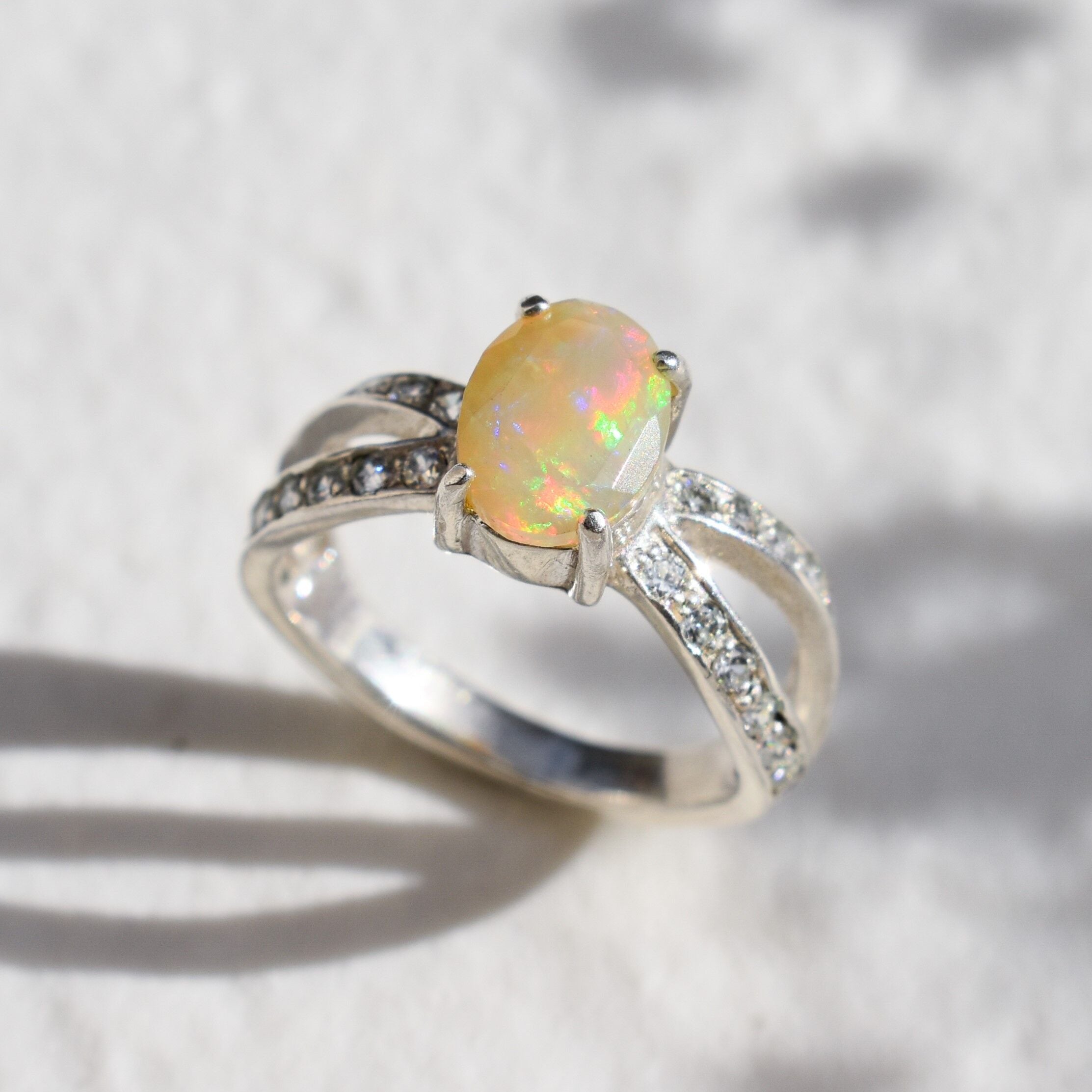 Vintage Fire Opal Ring - Real Opal Promise Ring - Split Paved Band
