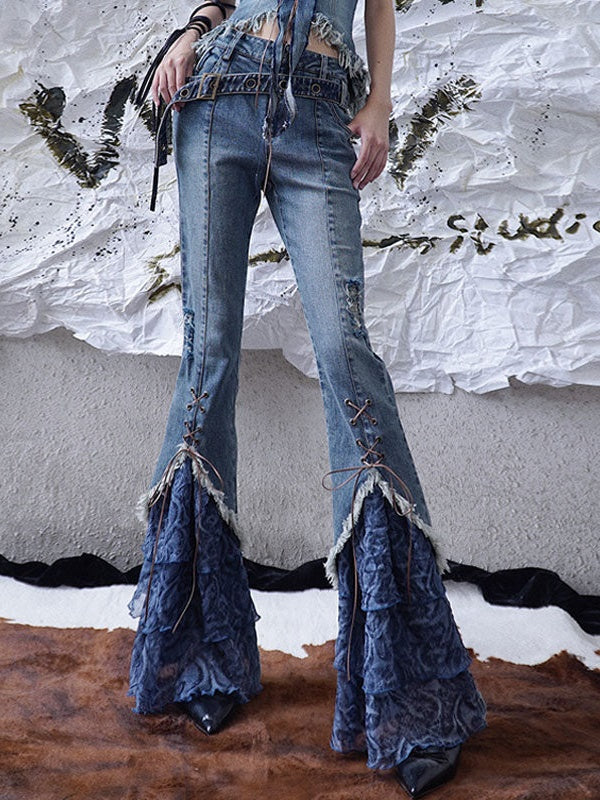 Splicing Lace-Up Flare Jeans – ARCANA ARCHIVE