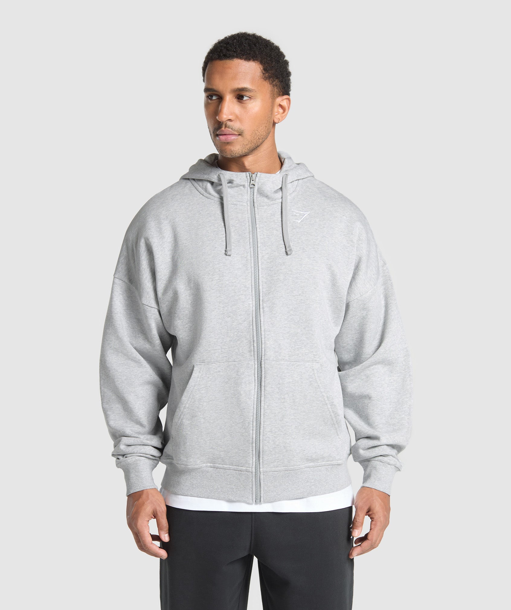 Gymshark Crest Oversized Zip Up Hoodie - Light Grey Core Marl