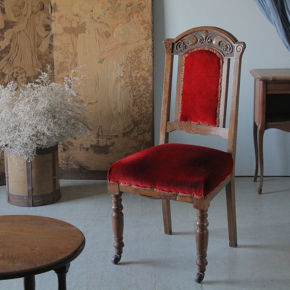 1930年代オーク材赤いベルベット生地のホールチェア イギリス