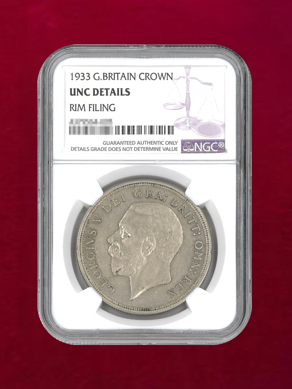 イギリス】クラウン 銀貨 1933 NGC UNC DETAILS RIM FILING ［B