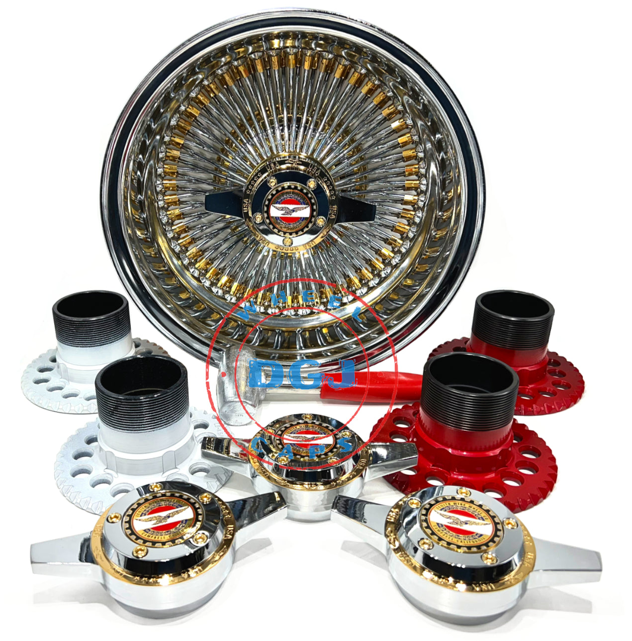 14x7 Zenith Style Lowrider Wire Wheels 100 Spoke Chrome Ring, Gold