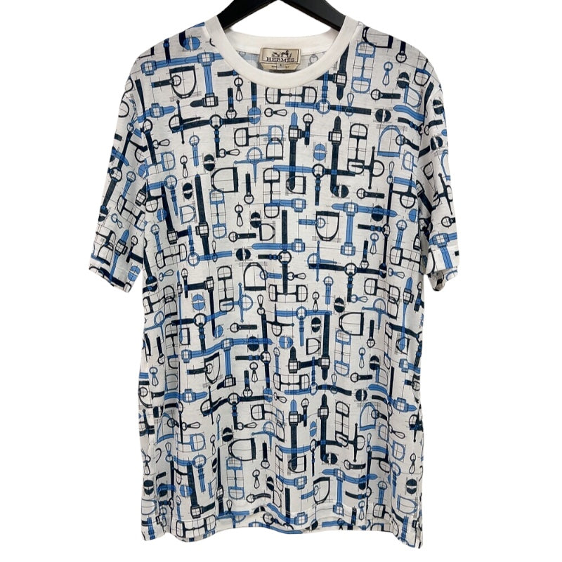 エルメス HERMES 総柄プリントTシャツ ホワイト/ブルー コットン