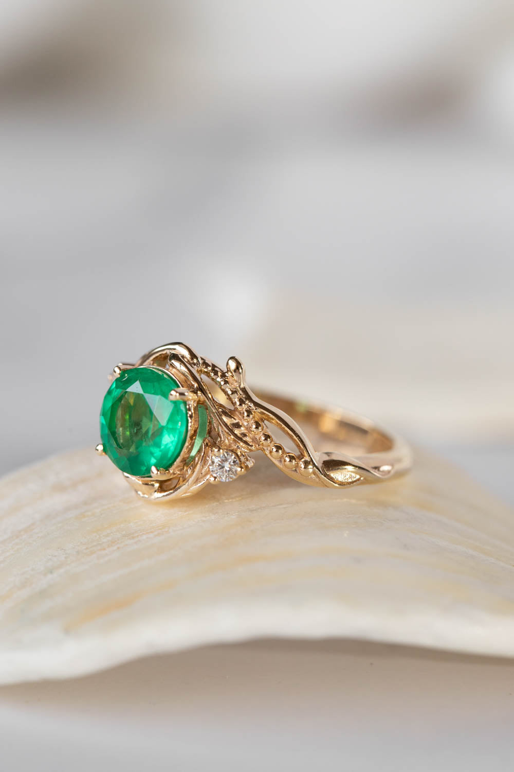 Natural Emerald Engagement Ring | Gold Nature Inspired Ring | 14K