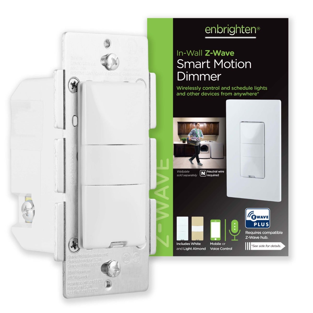 Enbrighten Z-Wave In-Wall Smart Motion Dimmer, White/Almond