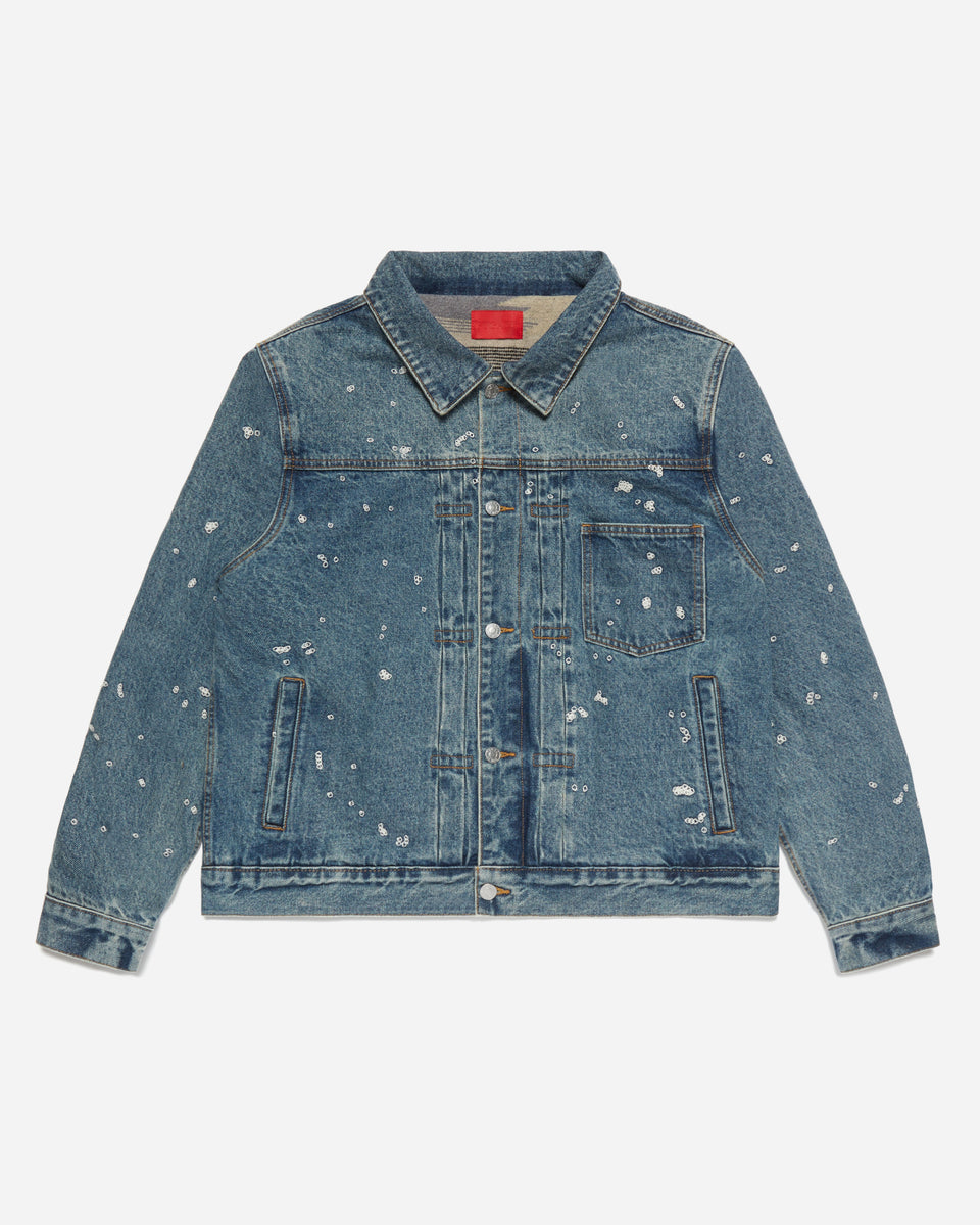 Chain Splatter Denim Jacket Dark Washed – FUGAZI®