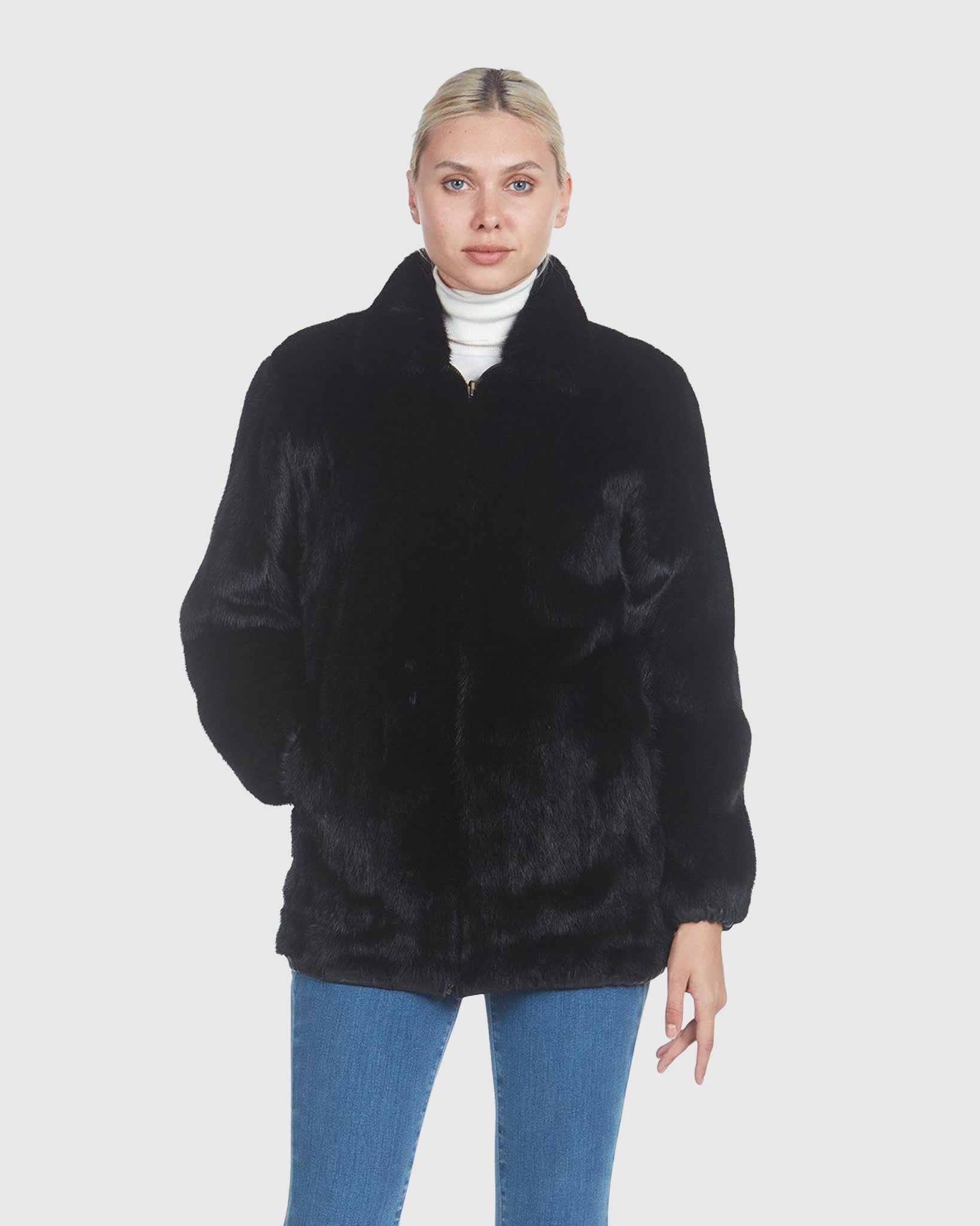 Mink Bomber Zip Jacket Reversible To Black Leather