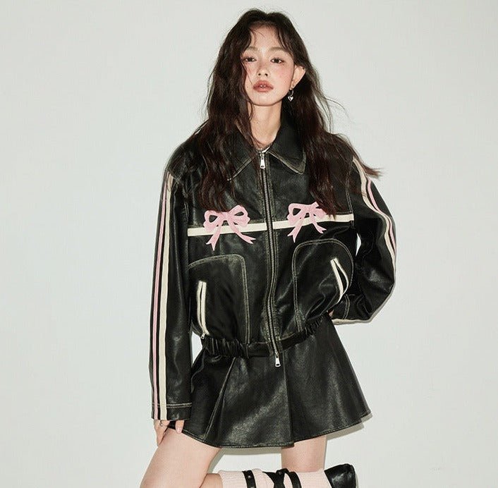 DIDDI MODA 甘くてかっこいいリボンレトロ ブラックレザージャケット