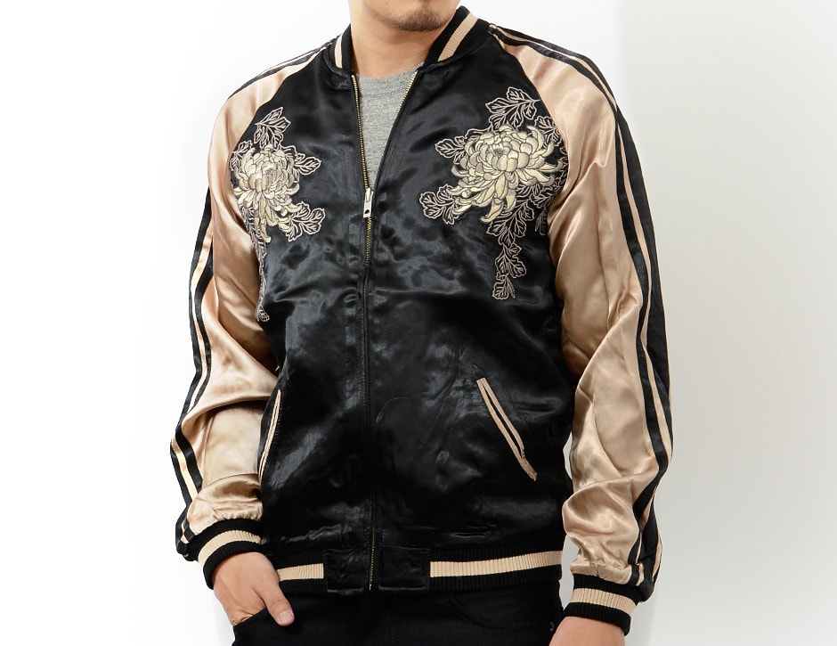 花旅楽団 和柄 スカジャン 菊 花 白孔雀 リバーシブル 刺繍 SCRIPT SSJ-011