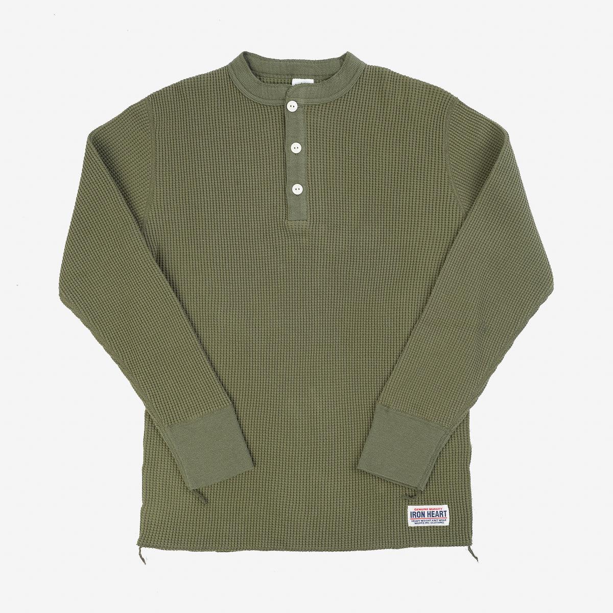 IHTL-1213-OLV - Waffle Knit Long Sleeved Thermal Henley - Olive