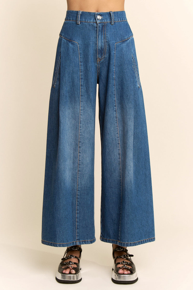 Davi & Dani High Waisted Front Slit Wide Leg Pants in Denim – June