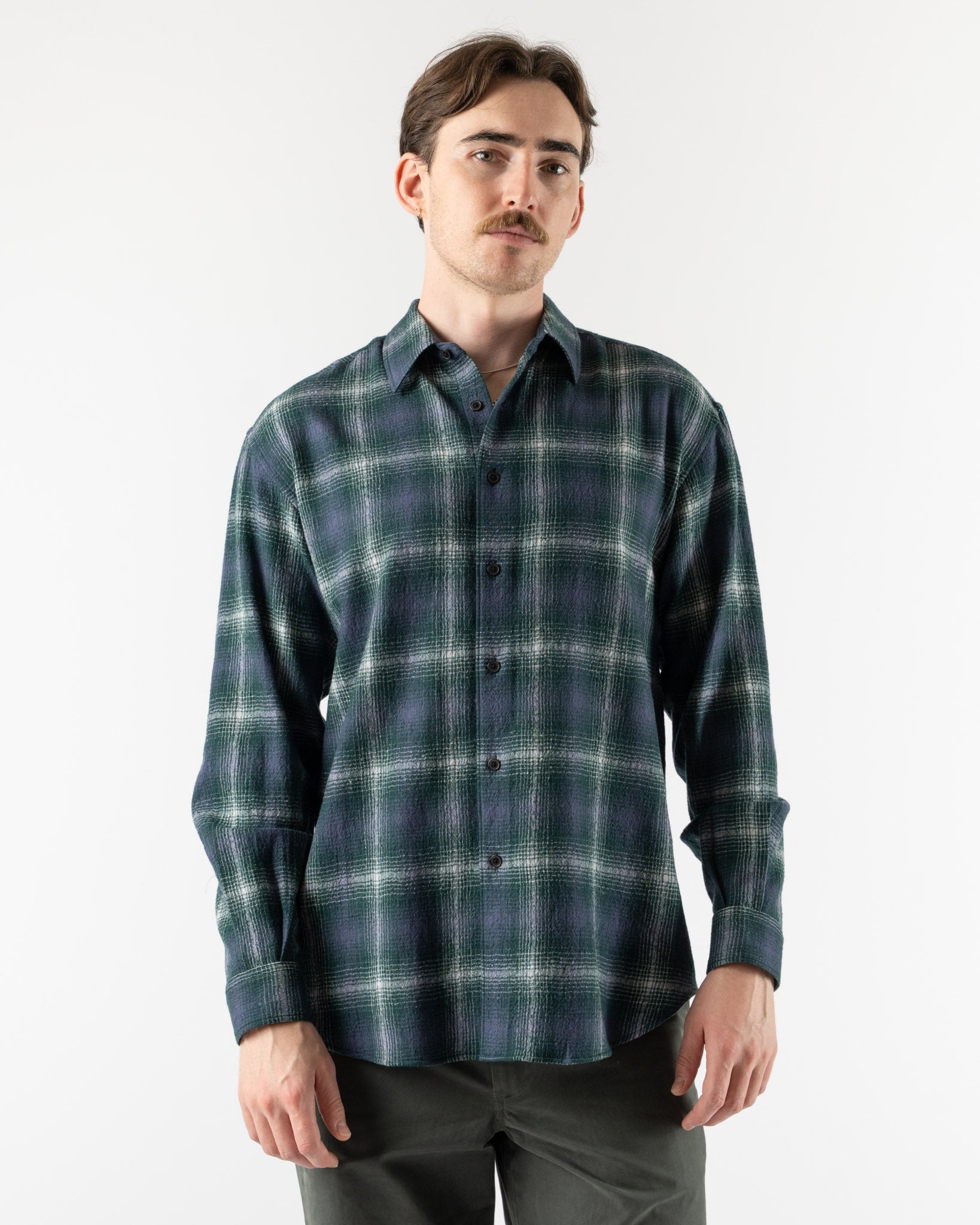 Auralee Airy Wool Check Shirt in Forest Green x Navy Curated at