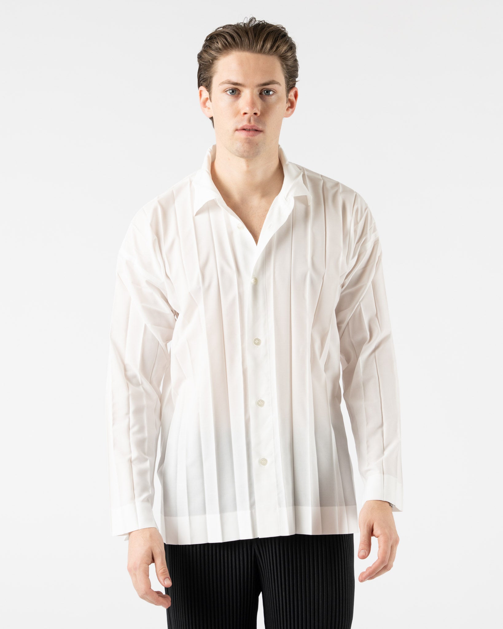Homme Plissé Issey Miyake Edge Shirt in White Curated at Jake and