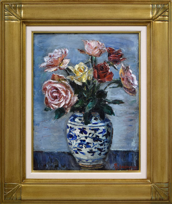 萩谷巌「静物画（ばら）」油絵・F6号 絵画買取・販売の小竹美術