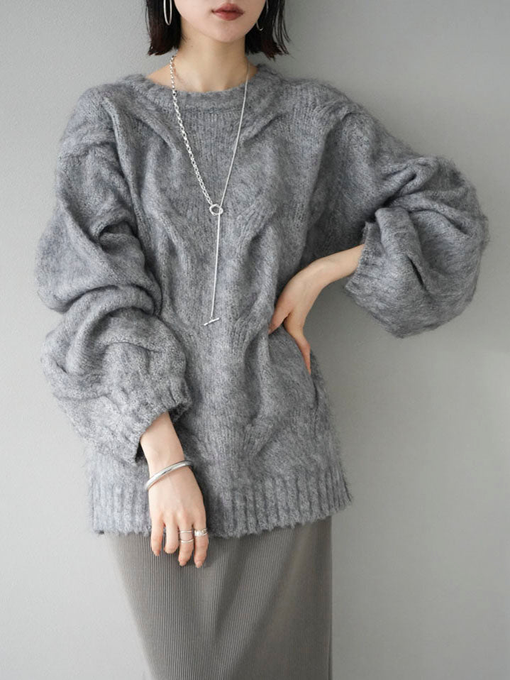 予約]ミックスケーブル編みニットプルオーバー/グレー – Lumier