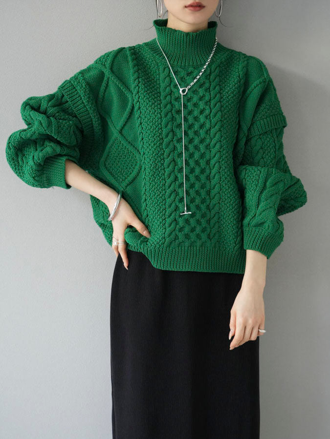 予約]ポリエステルケーブルハイネックニットプルオーバー/グリーン