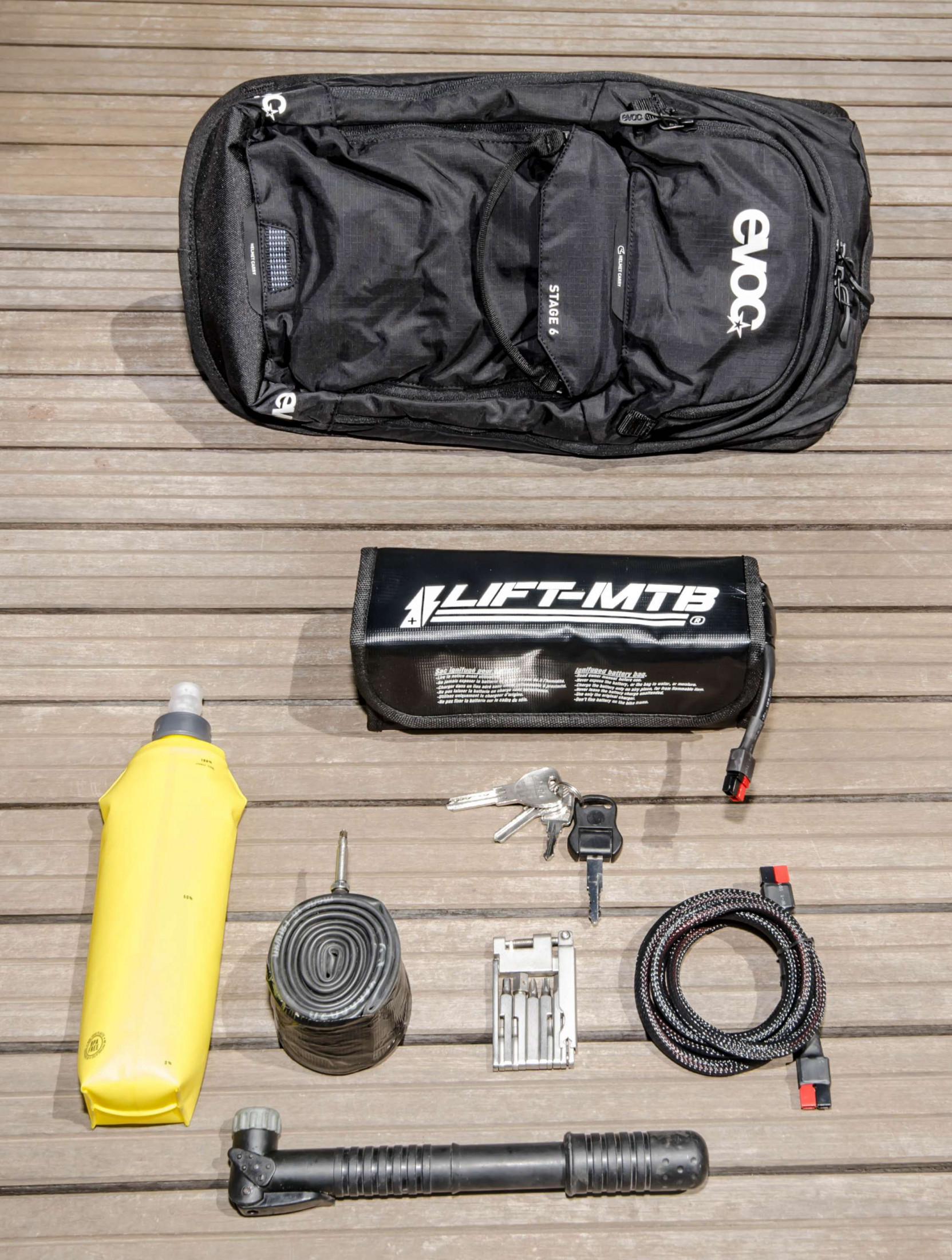 Evoc Stage backpack for Electric Mountain Bike battery transport.