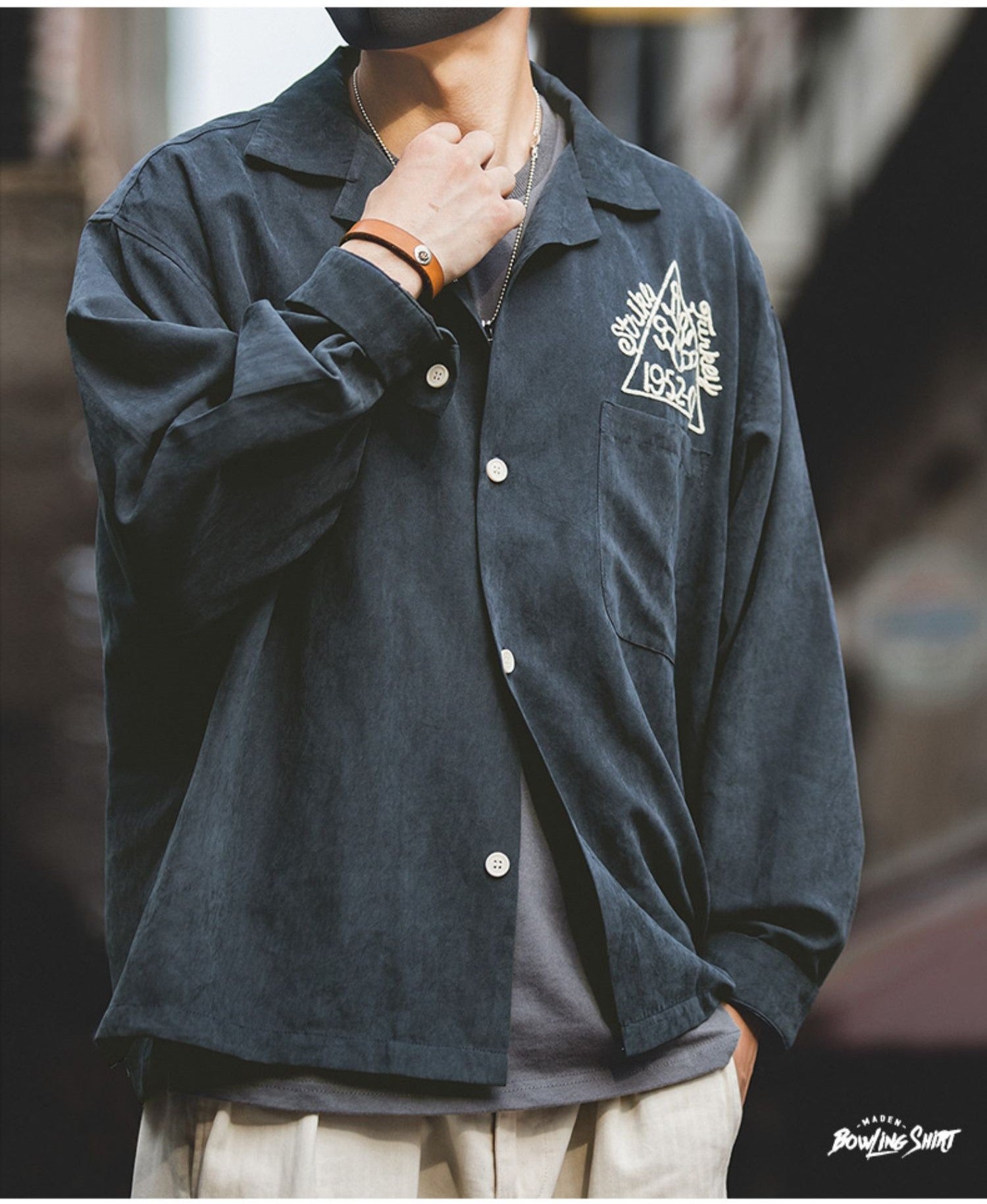 ◇チェーンステッチ 刺繍メンズ ボーリング オープンカラーシャツ◇S