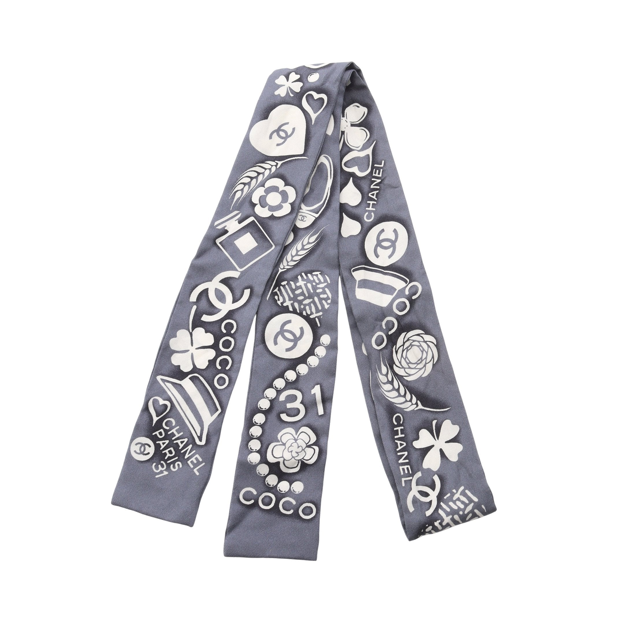 アイコン リボン スカーフ シルク グレー オフホワイト シャネル – RECLO