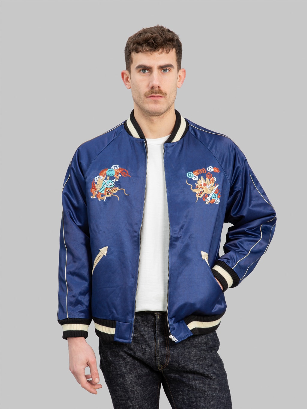 Samurai Jeans Indigo-Dyed Sukajan Embroidered Satin Souvenir Jacket