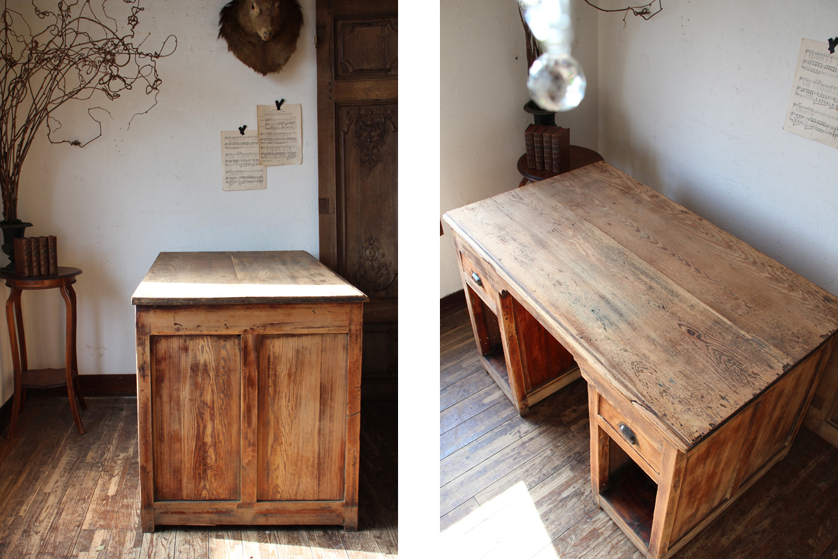 Q99 フランスアンティーク 剥離された乾いた木肌の書斎デスク カウンター