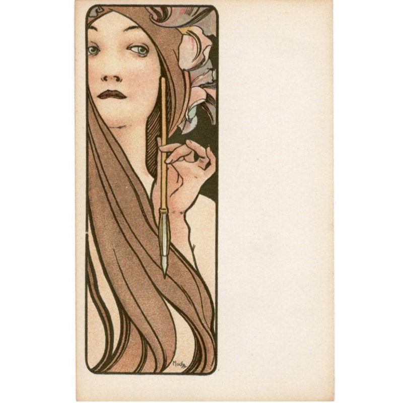 アルフォンス・ミュシャ「ペンを持つ女性」アンティーク絵はがき