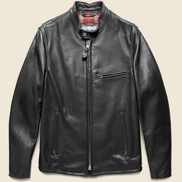 Pebbled Cowhide Caf√© Racer Jacket - Black