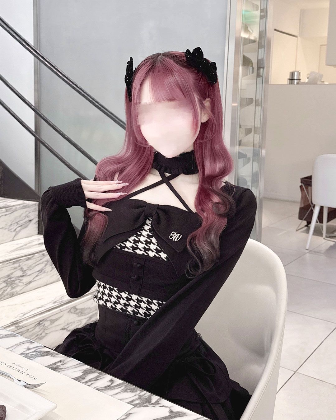 チョーカー付きビッグリボンアンサンブルトップス サックスブルー