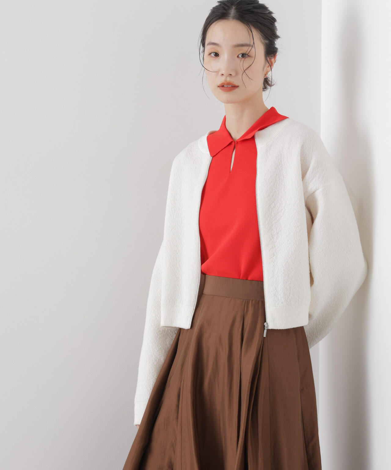 梨地 ダブルフェイス ジップアップ ニット