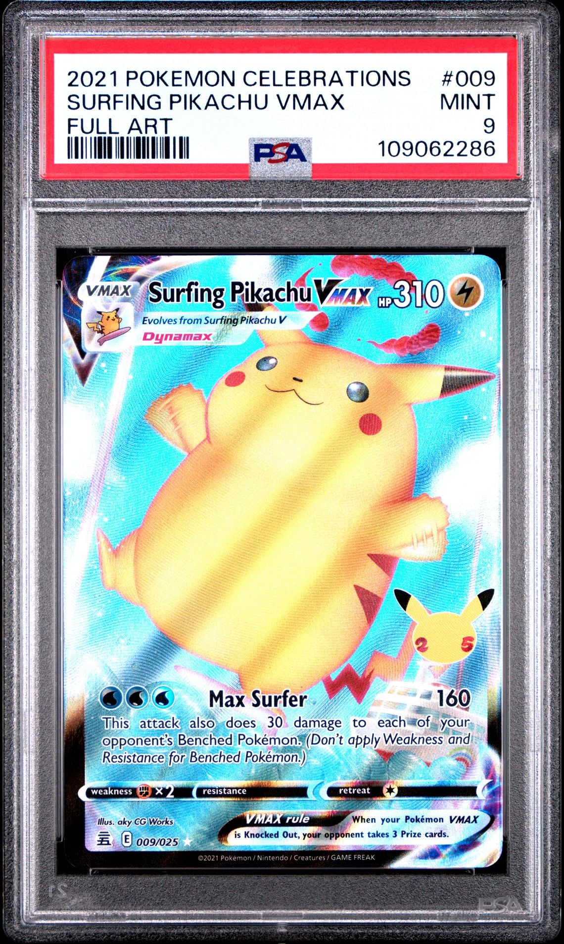 2021 Pokemon Celebrations 009 Full Art/Surfing Pikachu Vmax — PSA