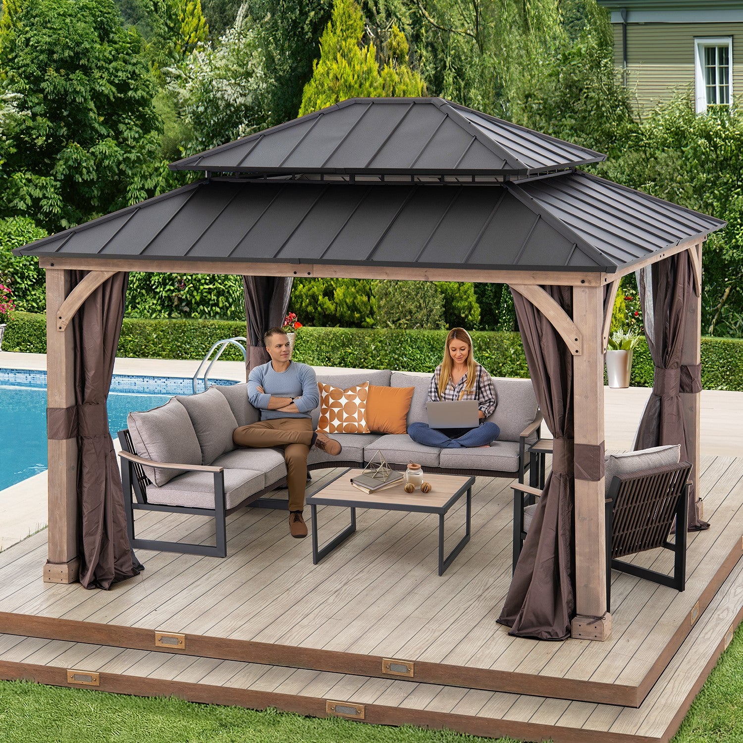 13x11 Wood Hardtop Gazebo with Nettings & Curtains – SUNJOY