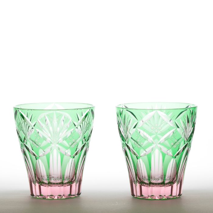 M-8573-2PG 七宝笹の葉文様 ミニオールド ペア 江戸切子 彩鳳 直販限定