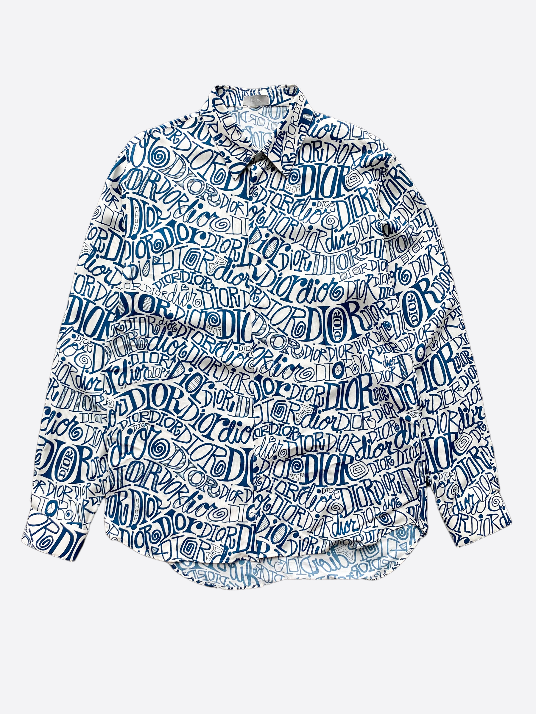 Dior White & Blue Stussy All Over Print Button Up Shirt – Savonches