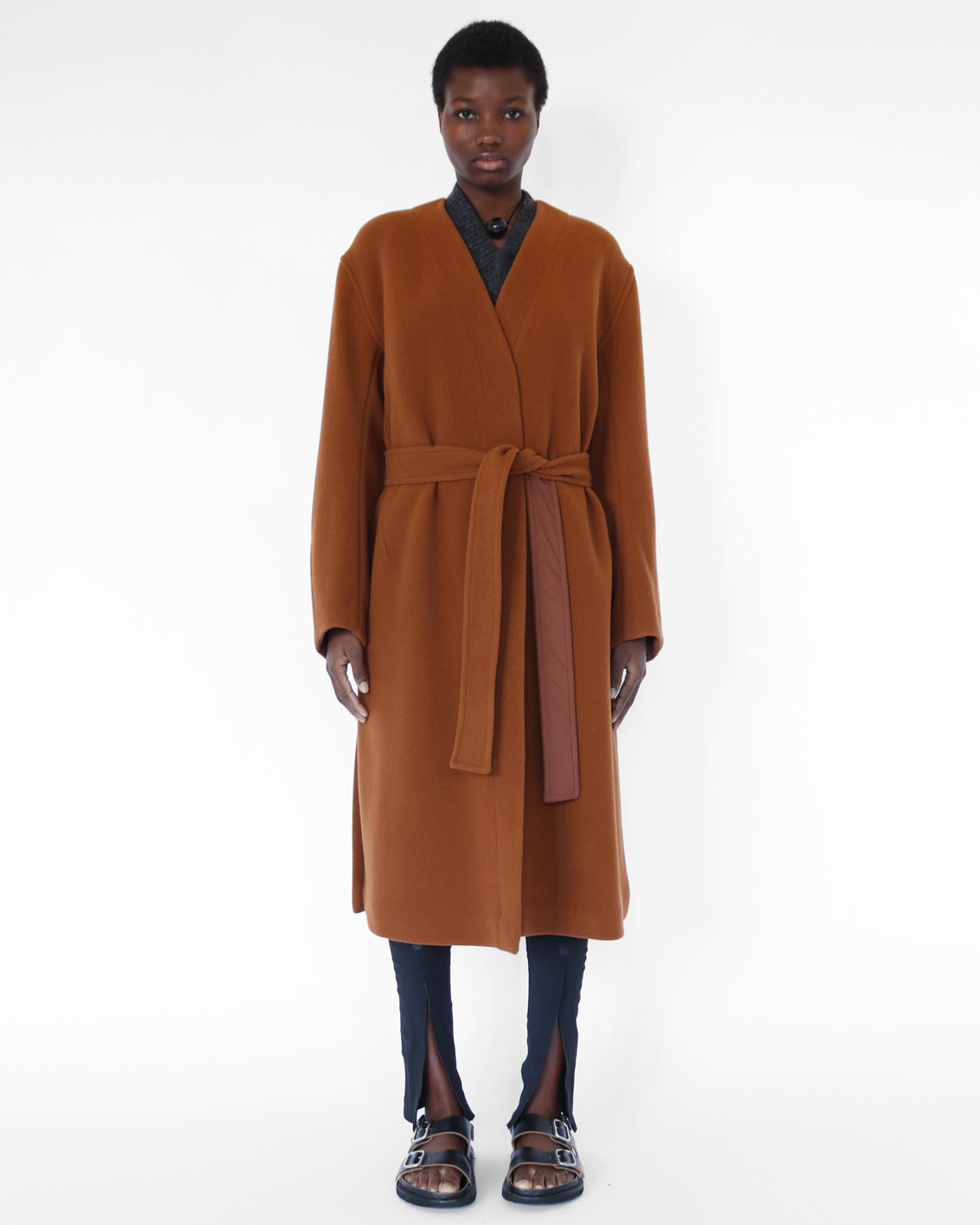 Maselli' long length belted wrap coat in burnt orange virgin wool