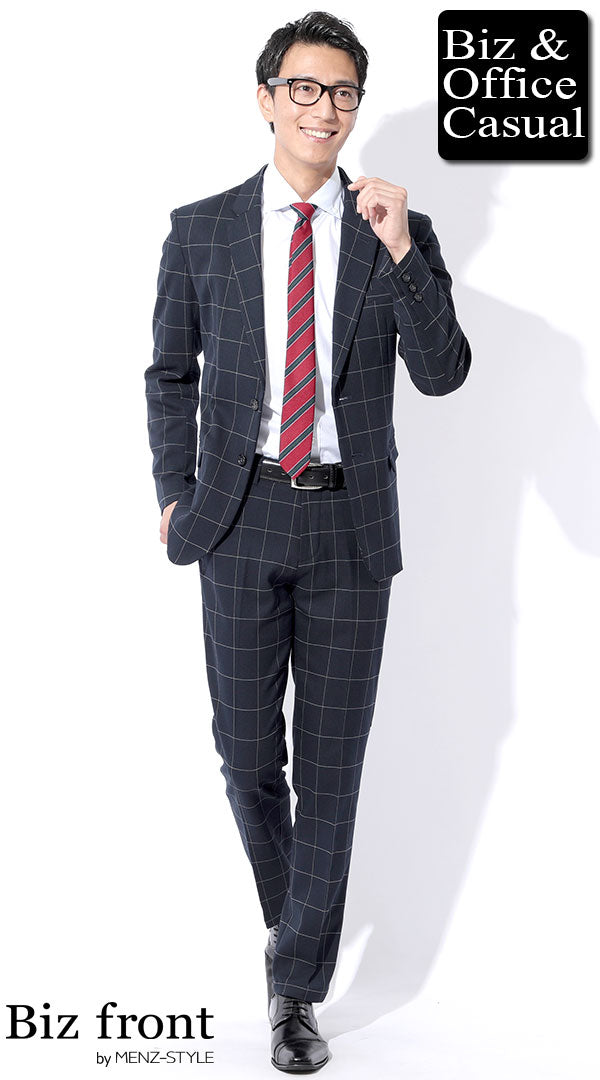 ネイビーウィンドペンチェックテーラードスーツ×赤ネクタイ×サックス