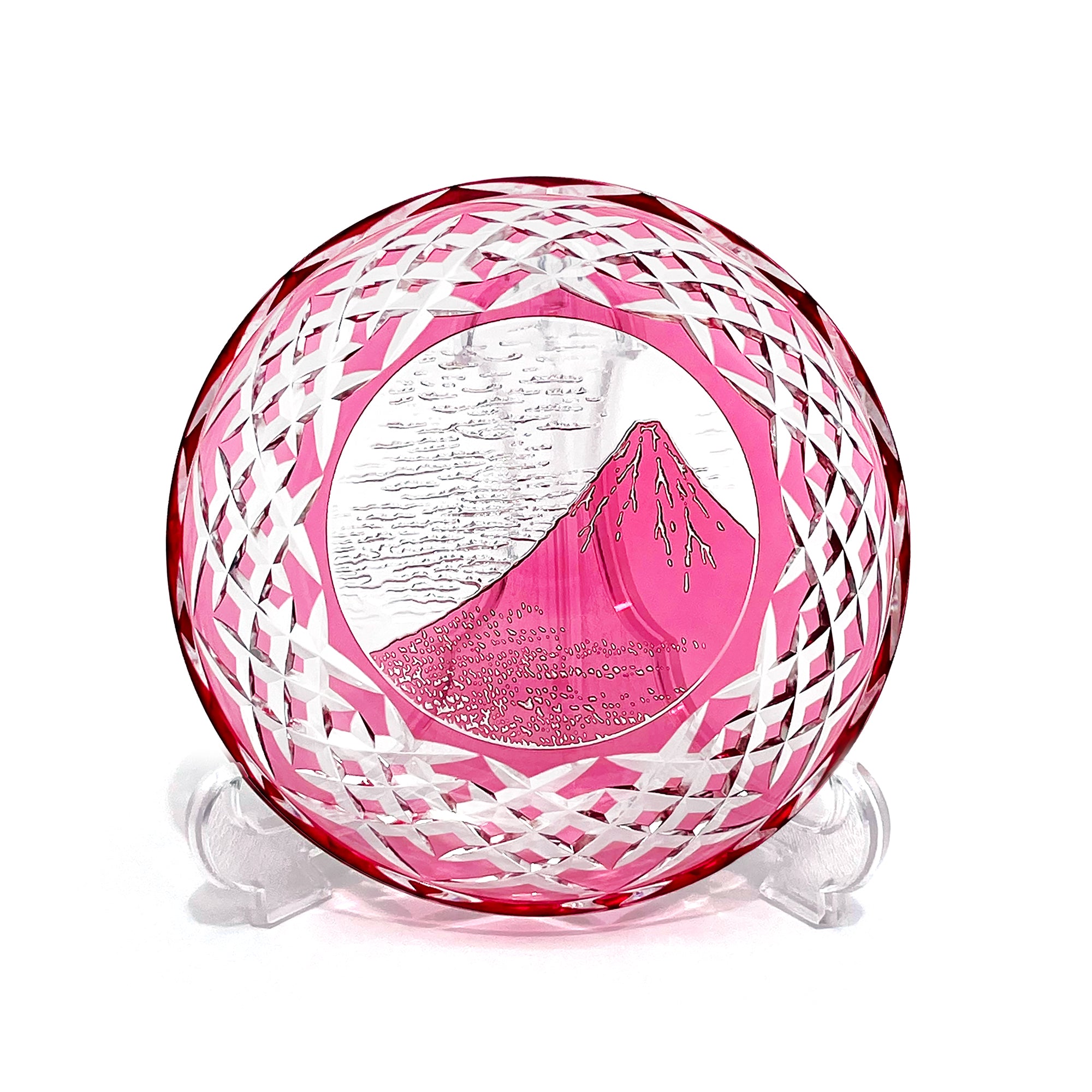 江戸切子 富嶽三十六景「凱風快晴」に福菱 飾皿 金赤 ｜江戸切子グラス