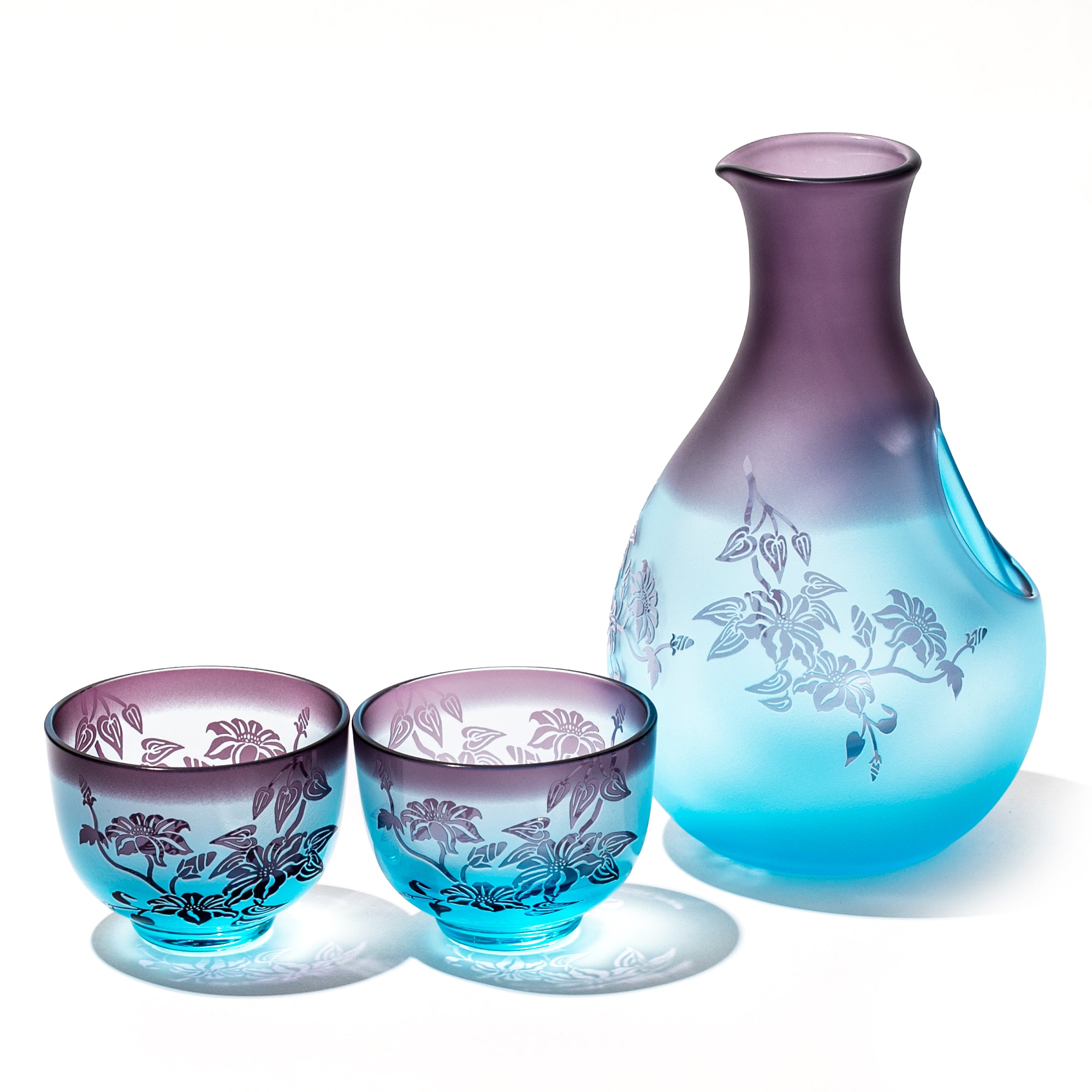 彫刻 夢柄子 鉄線紋 酒器三点揃 ブルー/パープル ぐい呑80ml ポケット