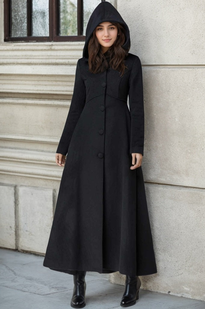 Black Wool Hooded Coat – Vintage Maxi Overcoat for Women 1839