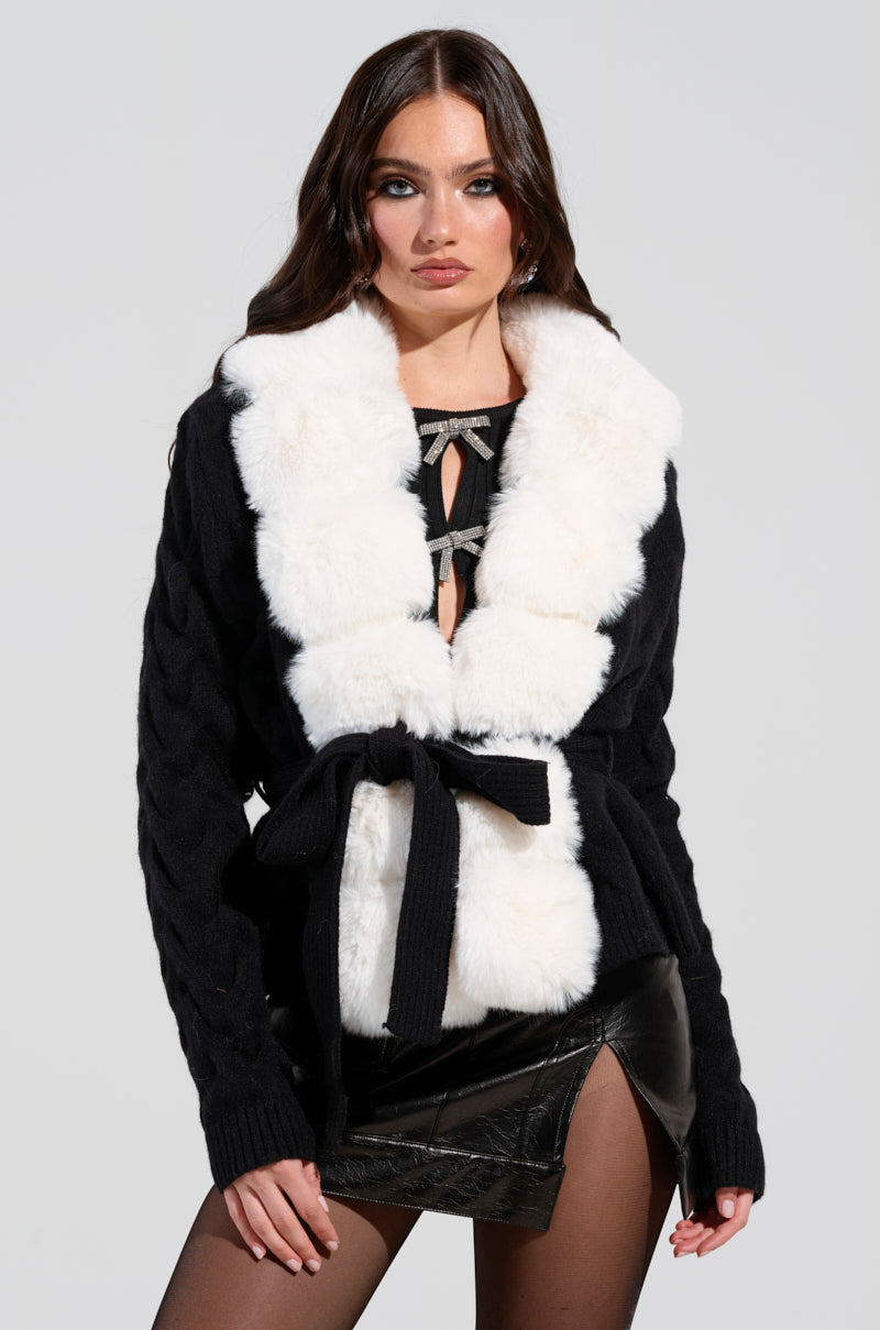 BABBS KNIT FUR TRIM CARDIGAN WITH SELF TIE BELT – AKIRA