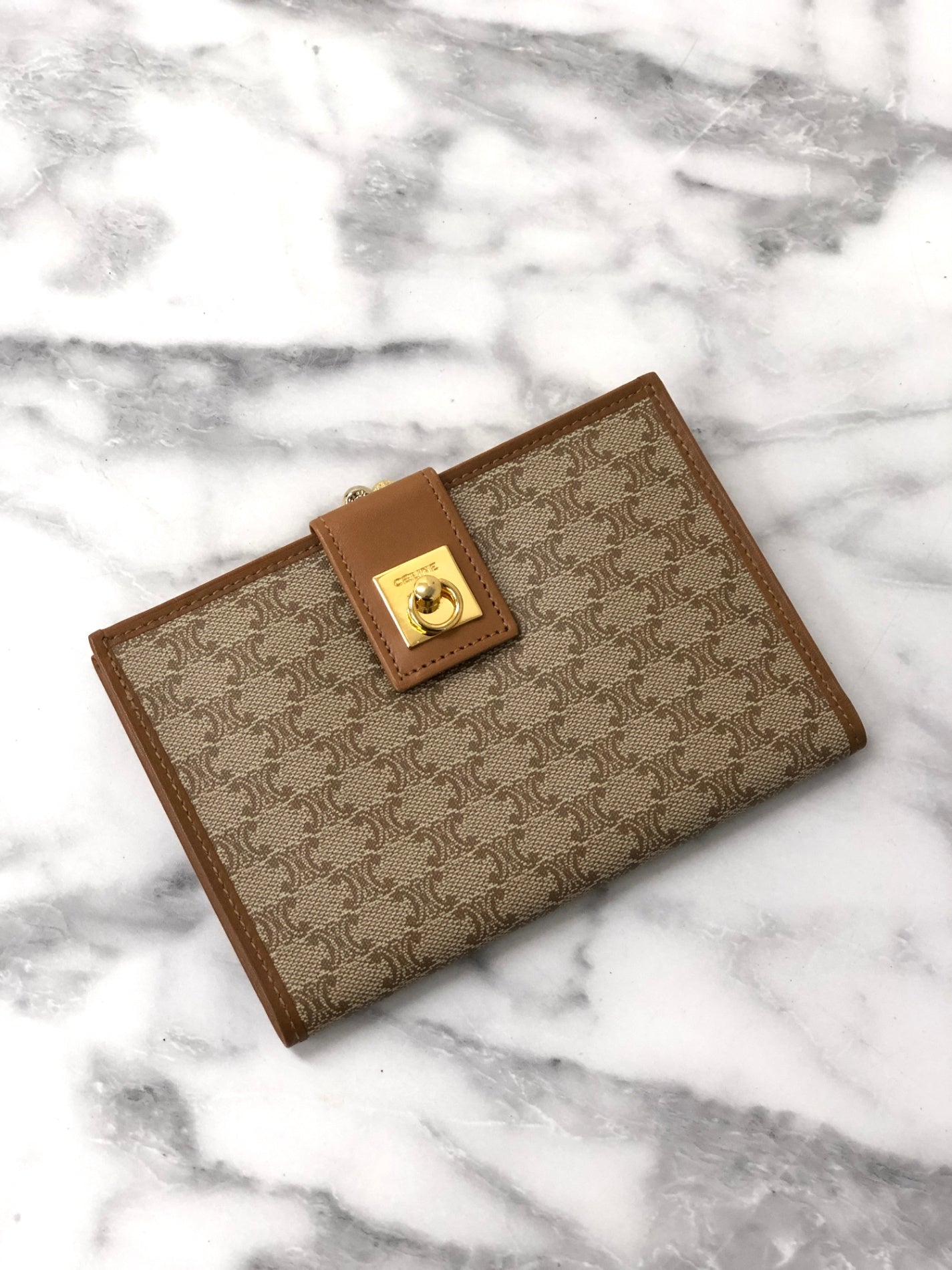 CELINE Macadam Gancini Metal Clasp Folded Wallet Beige Vintage