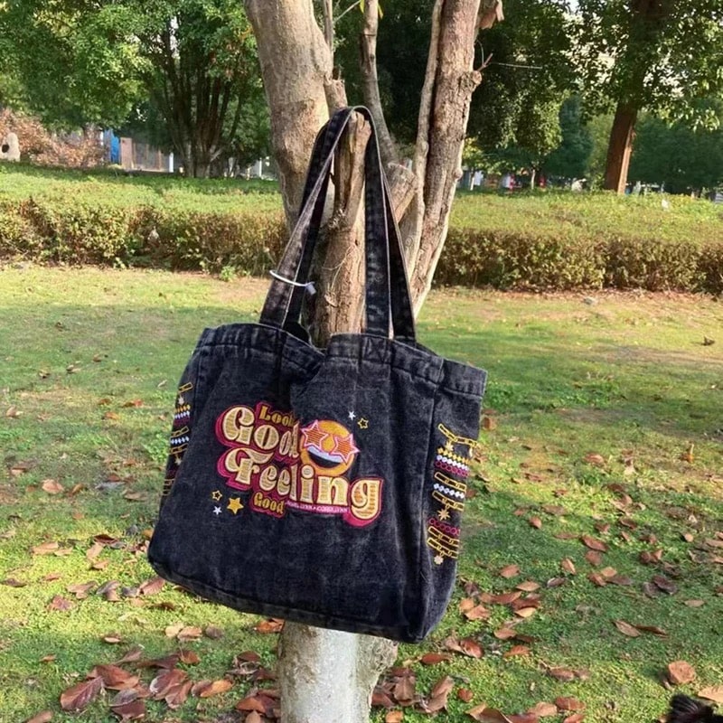 Happy Canvas Bag | Y2K Embroidered Tote Bag for School – The Feelz