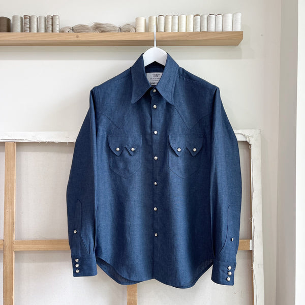 Denim Blue Chambray Linen Sawtooth Western Shirt – TONY SHIRTMAKERS