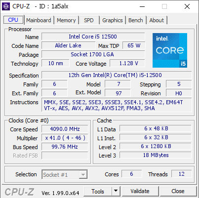 Intel Core i5 12500 @ 4090 MHz - CPU-Z VALIDATOR