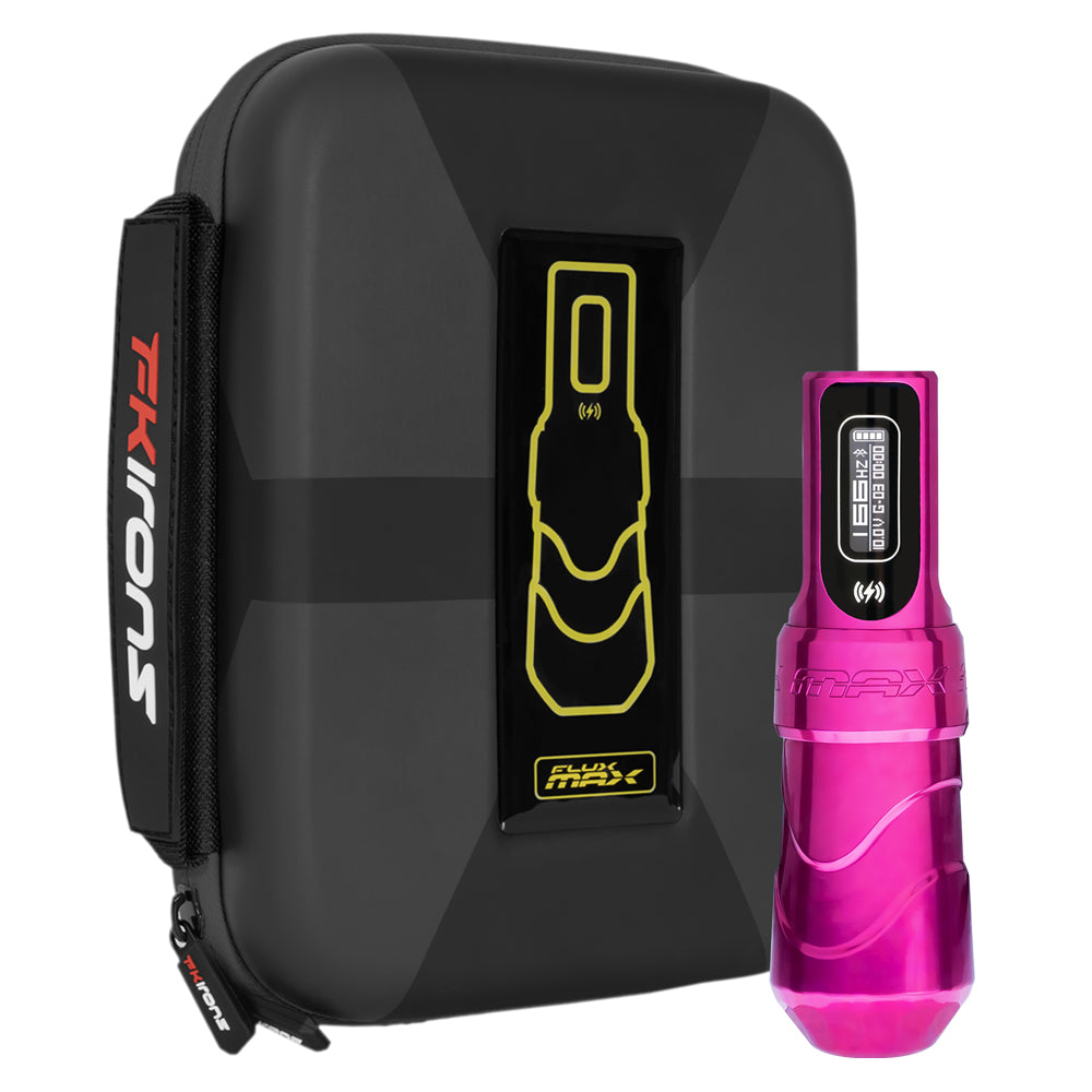 FK Irons Flux Max Bubblegum Pink Tattoo Machine with PowerBolts