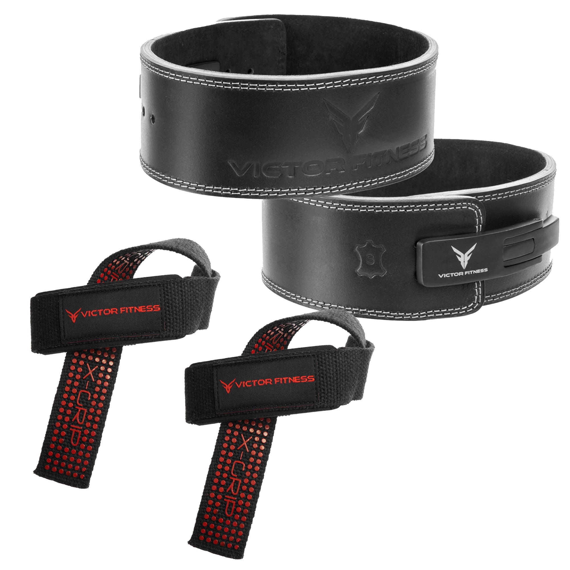 Leather/Metal Lever Powerlifting Belt with Padded Wrist Straps